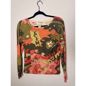Joseph A. Women’s Long Sleeve Top Retro Boho Medium Artsy Swirl Floral CyberPunk